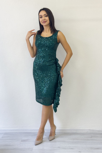 the ZKS Emerald Green Sequin Thick Strap Midi Length Ruffle Detailed Evening Dress