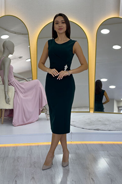zks grup tekstil Green Draped Midi Length Plus Size Pencil Dress with Brooch Detail