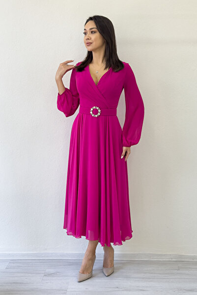 zks grup tekstil Fuchsia Double-Breasted Belted Midi Length Chiffon Dress