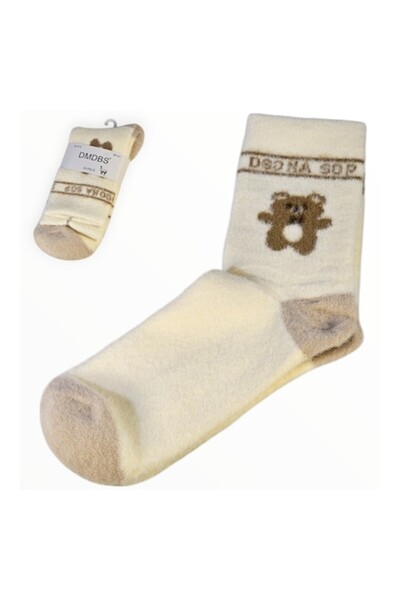 Vadodara Sosete Dama, Blend Lana Alpaca Off-White si Ursulet Maro, Marimea 36-41