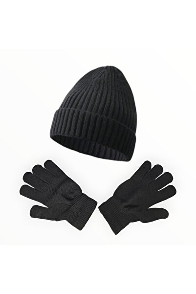 Vadodara - Men's Hat and Gloves Set, Knitted Black Acrylic, One Size