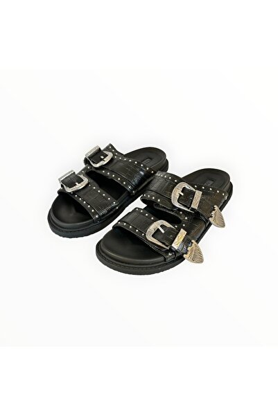 TopShop Women's Slippers Double Strap with Adjustable Buckles Black Leather Size 40 EU