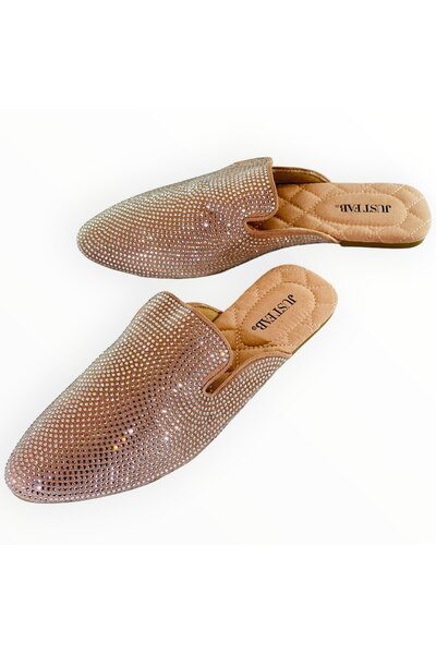 JustFab Papuci Mule cu Talpa Plata JustFab, Material Textil Roz Pal cu Cristale, Marimea 40 EU