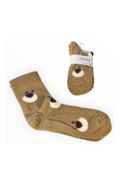 Vadodara Socks for Women, Alpaca Wool Blend, Dark Beige, Bear Design, Size 36-41