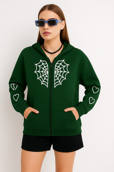classy moda Women's Zippered Hoodie – Spider Web and Heart Pattern Sweatshirt