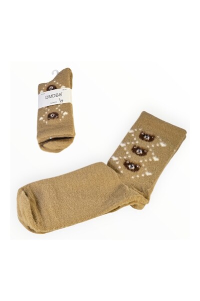 Vadodara Women's Socks, Alpaca Wool Blend, Dark Beige, Bear Design, Size 36-41