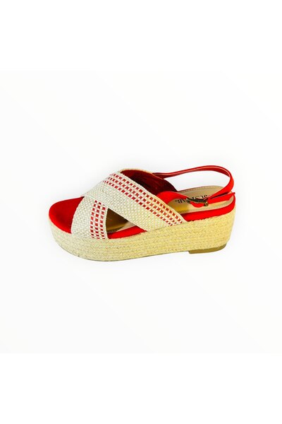 JustFab Women's Wedge Espadrilles Sandals - Red Textile and Jute Size 37 EU
