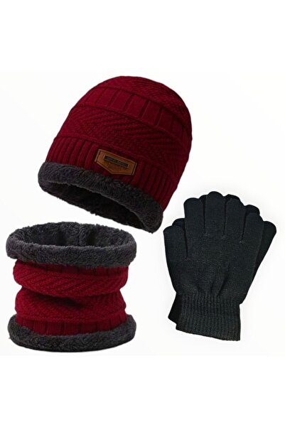 Vadodara - Men’s Beanie, Circular Scarf, and Gloves Set Textil Burgundy