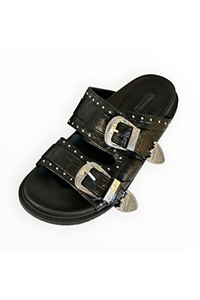 TopShop Women's Slippers Double Strap with Adjustable Buckles Black Leather Size 40 EU