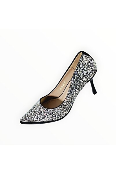 SHEIN Women's Medium Heeled Black Satin Shoes with Pearls and AB Crystals - Size 37 EU