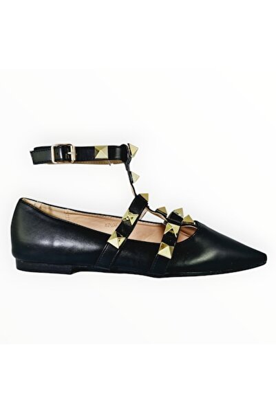 Fairy Pantofi Dama Balerini Piele Ecologica Neagra Tinte Aurii - Marimea 38 EU