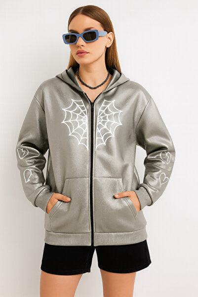 CLASSY.MODA هودي نسائي بسحاب – سويت شيرت بنقشة شبكة العنكبوت والقلب