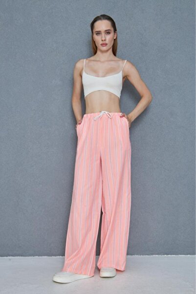 Pasaklı Giyim Women's Wide Leg Poplin Pants – Pockets, Lace-Up Waist, Ruffle Detail, Relaxed Fit 3757176