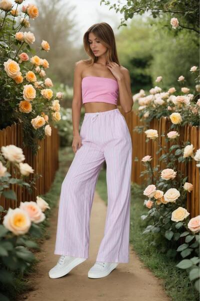 Pasaklı Giyim Women's Wide Leg Poplin Pants – Pockets, Lace-Up Waist, Ruffle Detail, Relaxed Fit 3757176