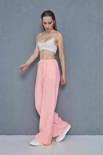 Pasaklı Giyim Women's Wide Leg Poplin Pants – Pockets, Lace-Up Waist, Ruffle Detail, Relaxed Fit 3757176