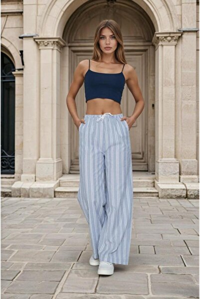 Pasaklı Giyim Women's Wide Leg Poplin Pants – Pockets, Lace-Up Waist, Ruffle Detail, Relaxed Fit 3757176