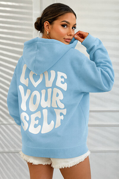 CLASSY.MODA Жіночий оверсайз-светр з капюшоном LOVE YOURSELF Напис на спині Три нитки Кишеня-кенгуру