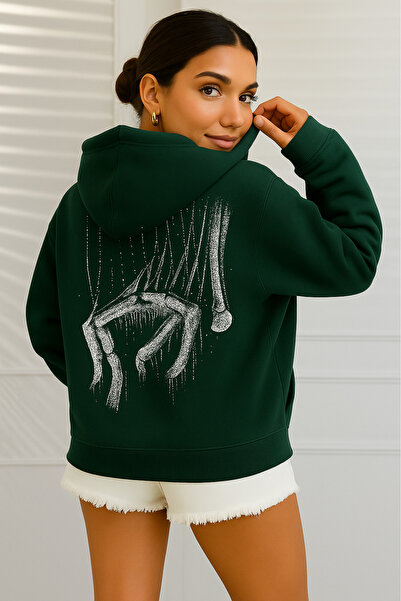 CLASSY.MODA سترة نسائية كبيرة الحجم بغطاء للرأس، تصميم فني مطبوع من الخلف، ثل...