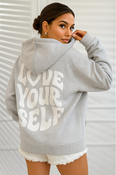 CLASSY.MODA Γυναικείο φούτερ με κουκούλα μεγάλου μεγέθους με εκτύπωση LOVE YO...