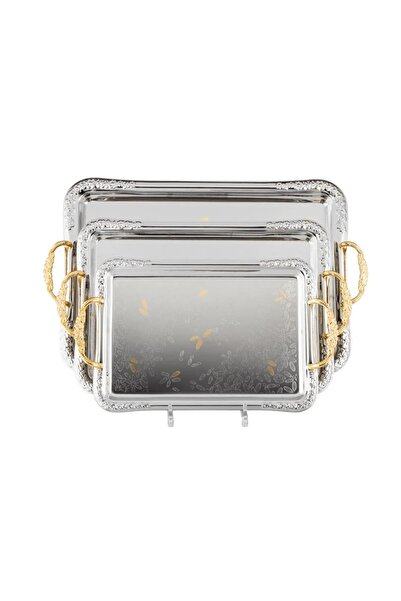 ORIAN طقم صواني تقديم معدنية مستطيلة من بريستيج، مكون من 3 قطع، نيكل وذهب