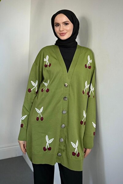 MERVEN AKYÜZ Nottee Kiraz Desen Merserize Hırka Yağ Yeşili