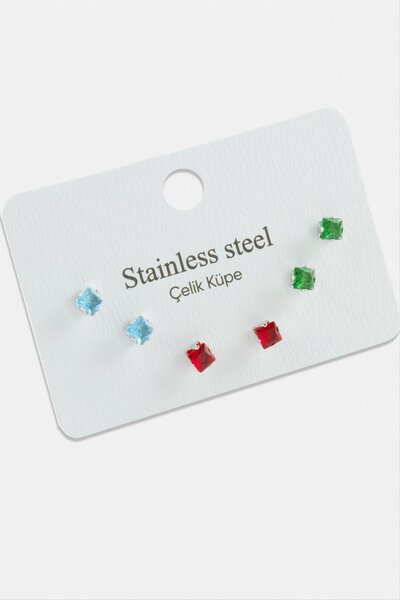 CT STONES 6 قطع من أقراط الزركون المربعة ذات الحجر الواحد من الفولاذ