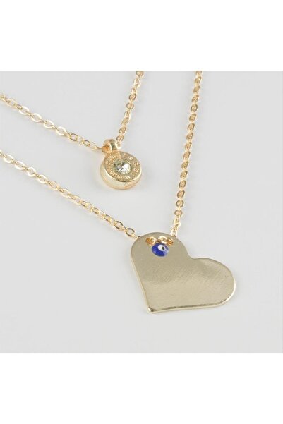 Marsilyan Heart Figured Evil Eye Plate Double Necklace Ilkel-Bjt940