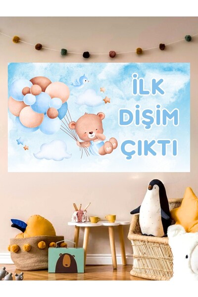 Laviyosa Dişim Çıktı İlk Dişim Temalı Özel Erkek Bebek Afişi Arka Fonu 60x100...