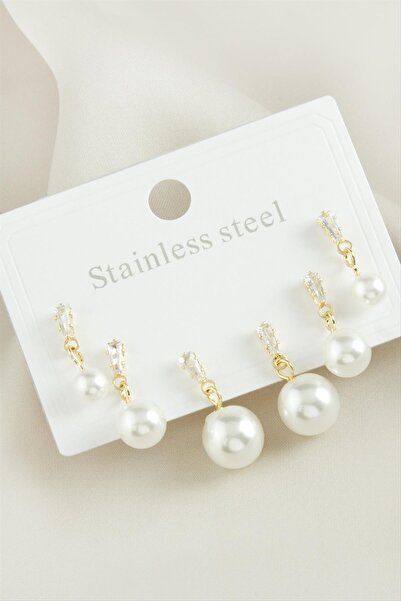 AKSESUARIM 6 Pieces Zircon Stone Pearl Steel Earrings