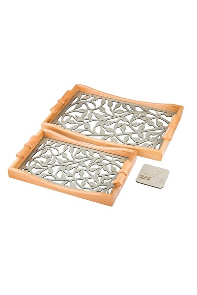 ORIAN 2-piece wooden tray set with bow handle, decorative floor, and clear acrylic insulating layer