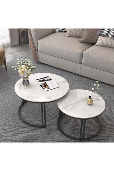 Türkiye Nesting Coffee Table Sintered Stone: Set of 2 Nest Glossy White Marble Round Tables Large 70x40cm /