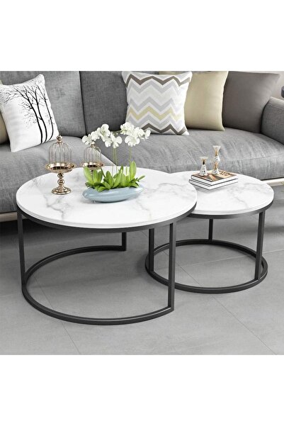 Türkiye Nesting Tables Removable Set of 2 End Table, Round Coffee Tables with Gold Metal Frame Legs