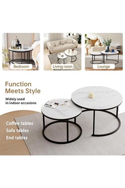 Türkiye Nesting Tables Removable Set of 2 End Table, Round Coffee Tables with Gold Metal Frame Legs