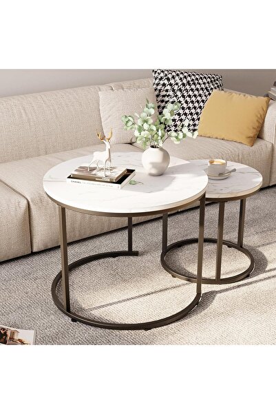Türkiye Coffee Table Nesting Side Set of 2 End Table Top Sturdy Metal Frame Wooden Top, Desk Centerpiece Liv