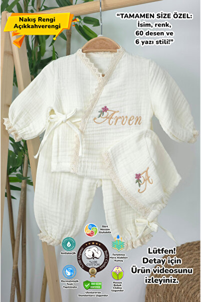 gros shop Müslin Yeni Doğan 4Katlı Organik %100Pamuk Kişiye Özgü Nakışlı Hast...