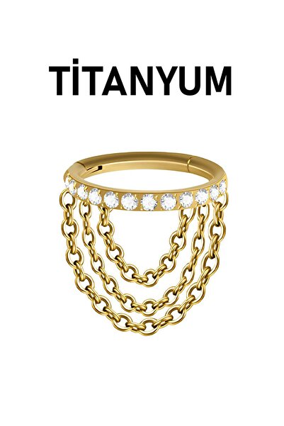 MORNEVA Titanyum Tam Tur Taşlı Halka Üç Sıra Zincir Sallantılı Helix Piercing...