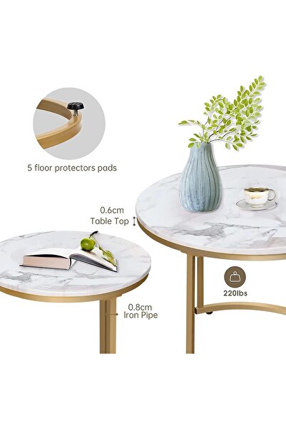 Türkiye Round Coffee Tables, Removable Set of 2 End Table, Nesting Tables with Gold Metal Frame Legs and Mar