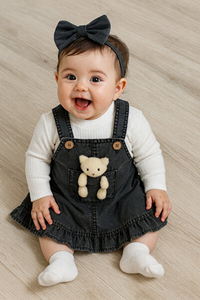 AKİ MODA KİDS Kız bebek ayıcık detaylı slopet takım