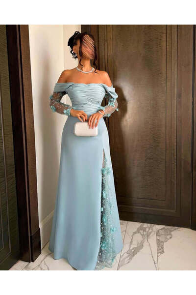 FAYD AL-JAWRI Elegant off-shoulder evening dress in sky blue