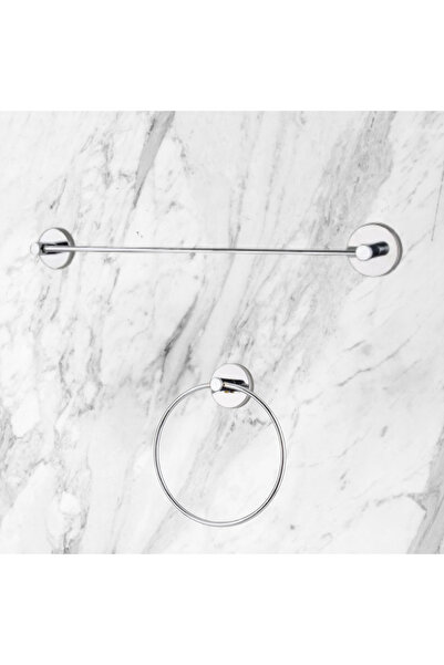 Aktel Banyo Chrome Set of 2 Chrome Long Towel Holder/Chrome Circle Towel Holder