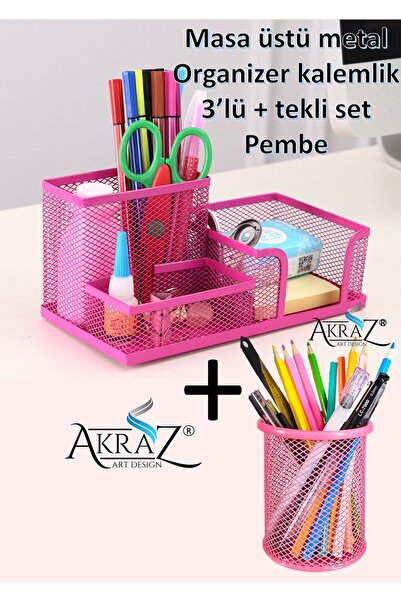 Akraz Art Design MASA ÜSTÜ METAL KALEMLİK SETİ 3'LÜ PEMBE + TEKLİ KALEMLİK (SET)