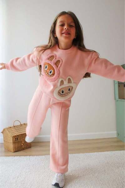 Canlook Labubu Detailed Hooded Girl's Suit Winter Cotton Tracksuit Set