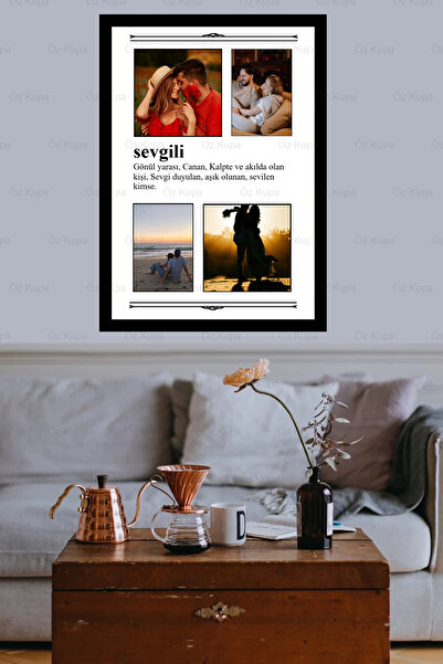 Öz Kupa Kişiye Özel Sevgili Tasarımlı Çerçeve Görünümlü 4 fotoğraflı anı gazetesi MDF Tablo