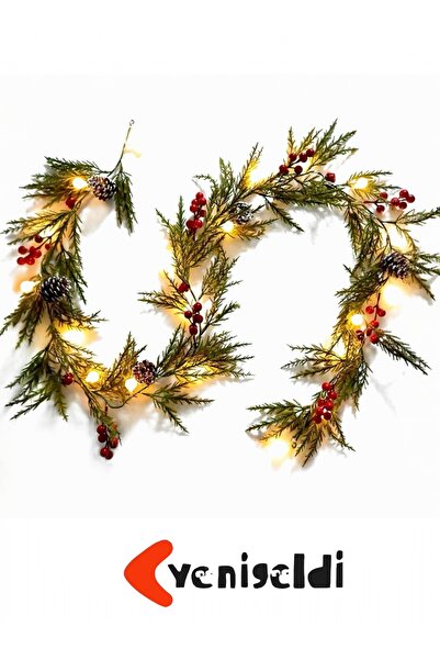 Yenigeldi LED Peri Gün Işığı + 1.8m Selvi Yapraklı Yılbaşı Çelengi – Kırmızı Meyveli ve Kozalaklı Çelenk