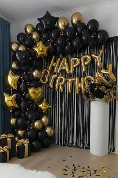Baloncu Nene Gold Happy Birthday Foil Balloon Set Black Gold Birthday Party Decorations