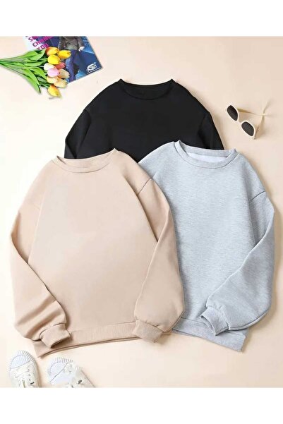Abruzzo 3-Piece Combination Colors Unprinted Basic Crew Neck Sweatshirt - Bla...