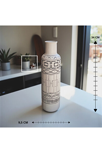 77 Shaffer 772 Dekoratif Seramik Vazo Etnik Desenli Beyaz Tasarım Modern Ev O...