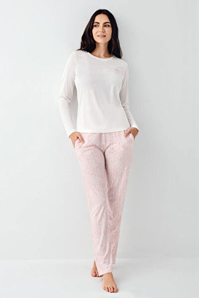 Pierre Cardin Bisiklet Yaka, Cepli, Kadın Pijama Takımı, Uzun Kol, Pembe, %50 Pamuk & %50 Modal