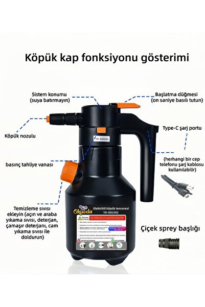 okaoda 🚀okaoda YD-DD2302 Şarj Edilebilir Otomatik Yüksek Basınçlı Ev Tipi Araba Yıkama Temizleme Köpük Püskürtücü