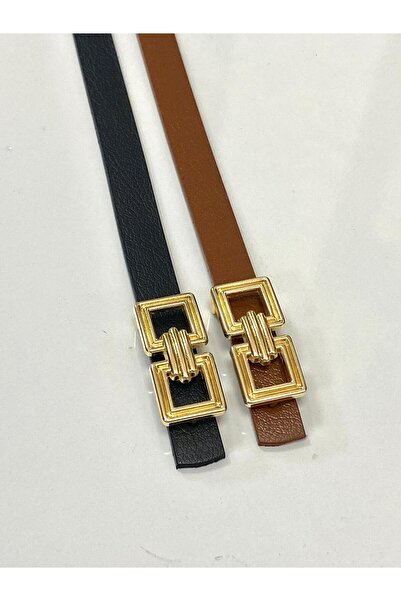 Kemerix 100% Genuine Leather Gold Buckle Thin Black-Tan 2-Piece Set Women's Belt